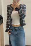 Level up your Coquette Aesthetic with this Striped Cropped Ruffles Cardigan. The perfect choice for Soft Girl outfits, French-chic styles, and "ballet-core" inspired looks. Featuring a flattering cropped fit and adorable ruffle details, this striped sweater is a must-have for your Aesthetic Outfits mood board.