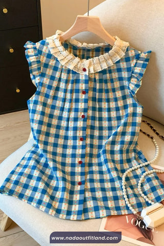 Short Sleeve Lace Collar Blue Plaid Floral Pattern Blouse Shirt