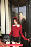 Long Sleeve Polka Dot Collar Red Cardigan Sweater