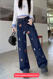 Cute Puppy Pattern Embroidered Retro Jeans Pants