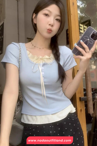 Fake Two Piece Style Bow Patchwork Casual Cropped Slim Shirt