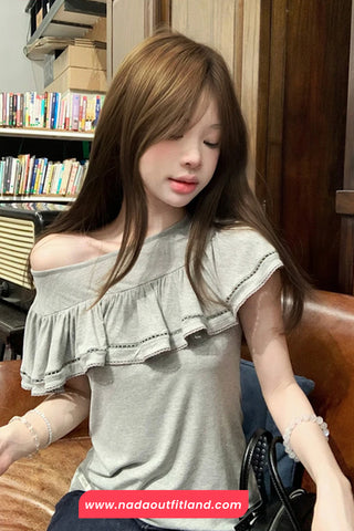 Short Sleeve Sexy Skew Collar Shirt