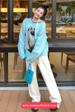 Long Sleeve O-Neck Cute Cat Blue Sweater