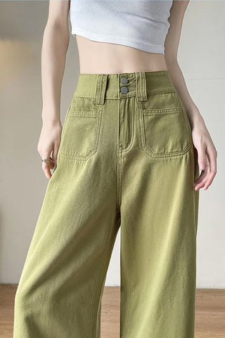 High Waist Double Front Pockets Wide Leg Jeans Pants