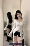 Long Sleeve Square Collar Ruffled Sexy Cropped Shirt
