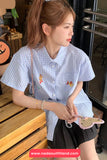Short Sleeve Cute Bear Embroidery Plaid Blouse Shirt