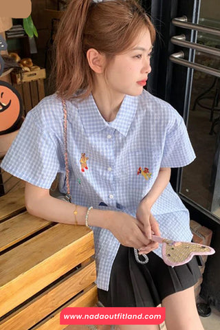 Short Sleeve Cute Bear Embroidery Plaid Blouse Shirt