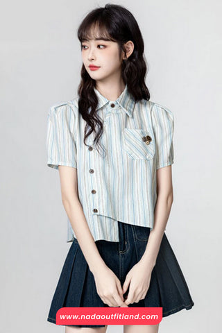 Short Sleeve Irregular Style Button Blouse Shirt