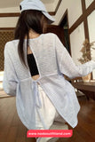 Long Sleeve Back Lace Tie Blue Striped Summer Shirts