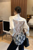 Long Sleeve Sexy Back Lace Transparent Satin Blouse Shirt 