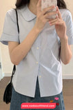 Short Sleeve Turn Down Collar Blue Blouse Shirt