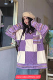 Long Sleeve Turn Down Collar Knitted Purple Plaid Sweater