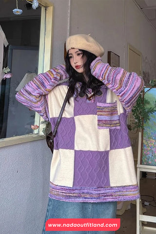 Long Sleeve Turn Down Collar Knitted Purple Plaid Sweater