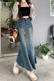 Upgrade your Y2K Whimsigoth Aesthetic with this High Waist Irregular Style Mermaid Denim Skirt. The ultimate essential for Korean streetwear outfits, asymmetric fishtail maxi skirt trends, and dramatic denim lookbooks. Featuring a flattering snatched high-rise waist and a cascading ruffled wave hem, this long jean skirt is a must-have for your Aesthetic Skirts
