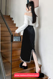 High Waist Sweet Pearl Velvet Slit Cut Skirts