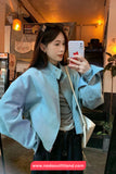 Long Sleeve Stand Collar Simple Blue Zipper Jacket