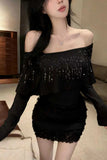 Woman wearing a black off-shoulder top and skirt in an indoor setting