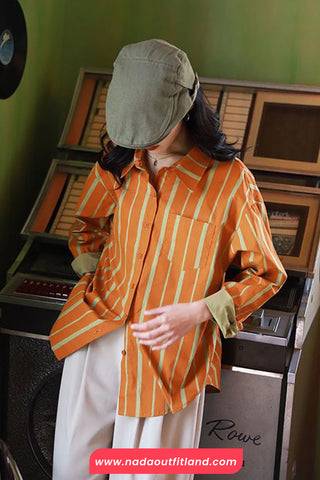 Long Sleeve Retro 90s Orange Striped Blouse Shirt