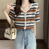 V-Neck Striped Embroidery Button Up Crochet Shirt