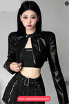 Long Sleeve Classic Cropped Leather Black Jacket