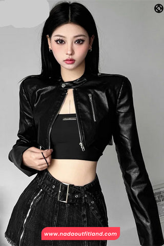 Long Sleeve Classic Cropped Leather Black Jacket