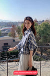 Long Sleeve Loose Drawstring Plaid Blouse Shirt