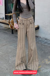 High Waist Striped Style Brown Denim Pants