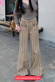 High Waist Striped Style Brown Denim Pants