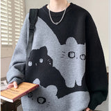 Upgrade your Grandpa Core Aesthetic with this Loose Cat Pattern O-Neck Sweater. The ultimate essential for Harajuku style outfits, whimsical animal printed knitwear trends, and cozy everyday autumn lookbooks. Featuring a flattering oversized fit and a bold retro cat motif, this pullover knit is a must-have for your Aesthetic Sweaters or Cottagecore Clothing collection.