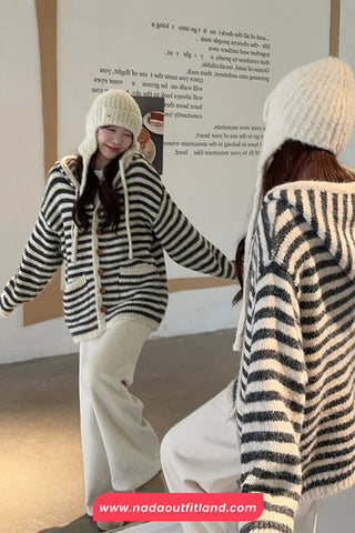 Long Sleeve Knitted Striped Hooded Cardigan Sweater