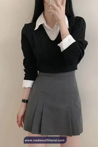 Two Piece Style Collar Shirt V-Neck Sweater