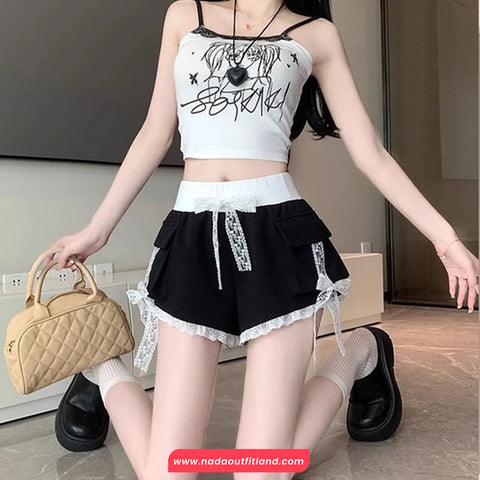 Cute Lace Bow Cargo Pockets Cute Shorts