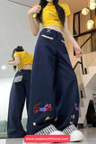 Cartoon Embroidered With Plaid Patchwork Loose Pants