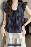 Retro Lace Patchwork Cute Plaid Blouse Shirt