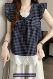 Retro Lace Patchwork Cute Plaid Blouse Shirt