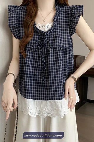 Retro Lace Patchwork Cute Plaid Blouse Shirt