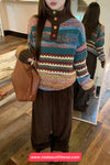 Long Sleeve Turn Down Collar Retro Pattern Sweater