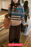 Long Sleeve Turn Down Collar Retro Pattern Sweater