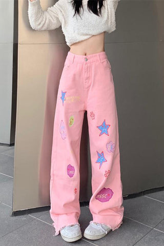 High Waist Cute Cartoon Pattern Long Jeans Pants
