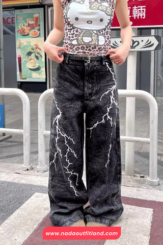 Thunder Lightning Gothic Washed Grey Jeans Pants