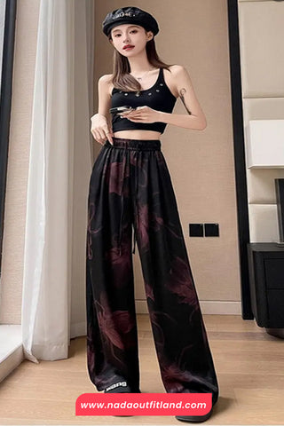 Elastic Waist Floral Pattern Black Long Pants