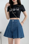 High Waist Elastic Pleated Denim Shorts