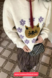 Long Sleeve Cat Embroidered O-Neck Blue Sweater