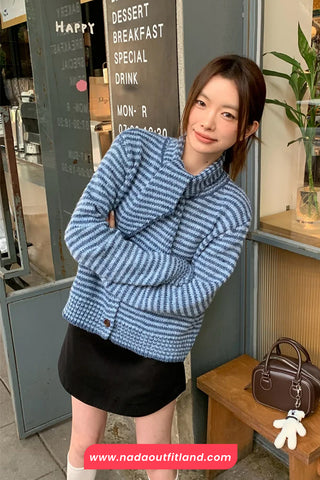 Long Sleeve Retro Striped Scarf Elegant Sweater