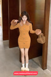 Long Sleeve Fur Collar Vintage Knitted Mini Dress