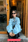 Long Sleeve Stand Collar Simple Blue Zipper Jacket