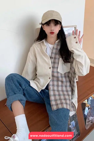 Long Sleeve Plaid Patchwork Corduroy Blouse Shirt