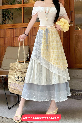 High Waist Lace Drawstring Retro Long Skirts