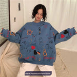 Long Sleeve Loves Art Pattern Printed O-Neck Sweater