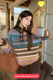 Long Sleeve Turn Down Collar Retro Pattern Sweater